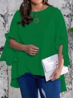 Plus Size Solid Ruffle Sleeve Blouse, Casual Crew Neck Irregular Hem Blouse For Spring, Women'S Plus Size?Clothing - Image 6