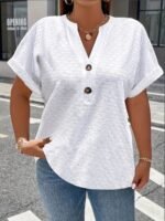 Women'S Light Green V-Neck Blouse With Button Details - Casual Short Sleeve Top For Spring/Summer, Soft Polyester Fabric, Elegant Solid Color Design, Versatile Blouse | Vneck Blouse | Elastane Comfort Fit - Image 5