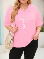 Plus Size - Women'S Plus Size V-Neck Casual T-Shirt - Short Sleeve, White With Black Letter Print, Lightweight Summer Tee For Casual Attire, Ladies T Shirts - Image 7