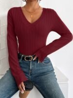 Women'S Chic Ribbed V-Neck Slim Fit Top - Elegant Long Sleeve, Solid Black, Perfect For Fall/Winter Fashion, Stylish Layering Piece - Image 2