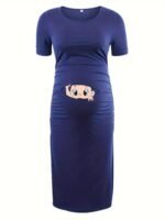 Charming Pregnancy Graphic Maternity Dress - Green Bodycon Short Sleeve Top With Cute Bump Print, Round Neckline, All-Season Comfort For Expectant Mothers, Maternity Dress | Playful Print | Stretchy Fabric - Image 8