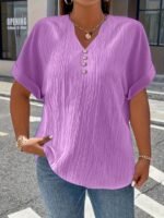 Plus Size, Women'S Plus Size New European And American Spring/Summer Short Sleeve Button Solid Color Elegant Casual T-Shirt - Image 5