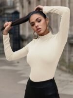 Slim Mock Neck Plain Color T-Shirt, Casual Long Sleeve Top For Spring & Fall, Women'S Clothing - Image 4