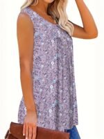 Women'S Floral Print Sleeveless Henley Neck Top - Casual Summer Tank Top, Green With White Flowers, V-Neck, Button Detail, Polyester Fabric, Perfect For Vacation Or Casual Attire, Summer Casual Wear | Vneck Top | Medium Stretch Material, Floral Print Tank To - Image 7