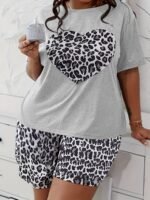 Women'S Plus Size Pajama Set, Cute Cartoon Heart & Leopard Print, Polyester 95% Elastane 5%, Knit Fabric, Slight Stretch, Crew Neck, All Season Sleepwear, 140Gsm - Grey - Image 6
