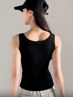 1Pc Women'S Casual Ribbed Tank Top, Solid Color Knit Vest With Side Stripe Detail, Low Neck Polyester Camisole For All Seasons, Versatile Layering Piece - Image 10
