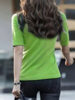 Women'S Casual Stretch T-Shirt - Vibrant Green Solid Color, Stand-Up Collar, High Elasticity, Machine Washable, All-Season Comfort Fit, Cute T Shirts, Versatile Clothing, Pearl Necklace Accent - Image 10