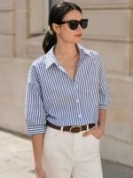 Print Striped Longline Shirt With Drop Shoulders - Polyester, Machine Washable, Button Detail, Perfect For Spring/Summer/Fall - Image 3