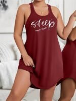 Plus Size Basic Loungewear Dress, Women'S Plus Eyelash & Letter Print Scoop Neck Racer Back Curve Hem Tank Sleep Dress - Image 5