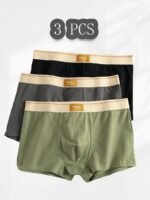 3Pcs Men'S Boxer Briefs - Soft, Light Beige-Friendly, High Elasticity, Non-Stretch, Solid Color (Black, Orange, Brown) With White Trim, Comfortable Underwear|Minimalist Underwear|Soft Fabric Underwear - Image 3