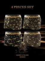 4Pcs Men'S Luxury Black & Golden Boxer Briefs - High-Elasticity, Comfortable Polyester-Spandex Blend, Non-Transparent With Unique Geometric & Floral Prints - Stylish Casual Underwear - Image 2