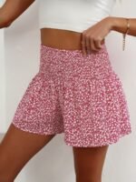 Women'S High-Waisted Floral Print Shorts - Black & White Ditsy Pattern, Ruffled Hem, Stretchy & Comfortable Summer Fashion, Hand Wash Only, High Waisted Shorts