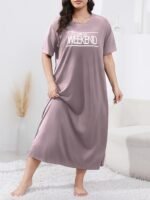 Women'S Plus Casual Lounge Dress, Plus Size Slogan Print Short Sleeve Round Neck Sleep Dress - Image 2