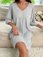 Women'S Plus Basic Lounge Dress, Plus Size Solid Half Sleeve V Neck Loose Fit Sleep Dress - Image 3