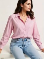 Elegant Striped Button-Up Shirt For Women - Chic Long Sleeve, Lightweight Polyester Blend, Versatile Blue With White Stripes, Ideal For Spring/Summer - Image 9