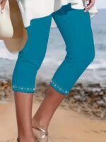 Plus Size Rhinestone Decor Capri Leggings, Casual High Waist Stretchy Leggings For Spring & Summer, Women'S Plus Size Clothing - Image 2