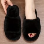 Women'S Elegant Faux Fur Slippers, All-Season Soft Indoor Home Slip-On Shoes, Solid Color, Fabric Upper/Inner, Eva Sole, Warm Comfort