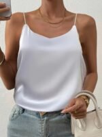 1Pc Elegant Off-Shoulder Sleeveless Blouse For Women - Chic White Satin Summer Top With Deep V-Neck, Perfect For Layering Or Standalone Outfits, Versatile Fashion | Elegant Offshoulder | Satin Finish - Image 3