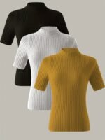 Women'S Elegant Rib-Knit T-Shirt, Polyester 100% Skinny Fit Half Sleeve Tops, Solid Crew Neck Knit Pullovers, All-Season Stretchy T-Shirt With Pleated Hem, 350G/M? Fabric Weight - Image 2