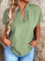 Women'S Casual V-Neck Blouse With Small Stand-Up Collar - Vibrant Yellow Solid Color, Regular Fit, Machine Washable, Versatile For Spring Summer Fall, Seasonal Fashion Top, Sophisticated Casualwear, Lightweight Fabric, Everyday Top, Classic Style, Breathable Material, Stylish Top, Office Casual - Image 8