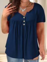Women'S Plus Size Casual Buttoned Pleated T-Shirt, Summer Knit Fabric Top, Crew Neck, Solid Color, Slight Stretch, Oversized Pullovers, Polyester 95% Spandex 5% - Navy Blue