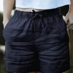 Women'S High-Waisted Blend Casual Shorts, Solid Color, Non-Stretch Fabric, Spring Summer Autumn, Wide Waistband And Slant Pocket, Linen Texture