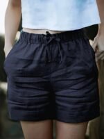 Women'S High-Waisted Blend Casual Shorts, Solid Color, Non-Stretch Fabric, Spring Summer Autumn, Wide Waistband And Slant Pocket, Linen Texture