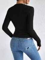 Women'S Elegant Ribbed T-Shirt - Solid Black Round Neck Medium Stretch Top, Machine Washable Spring/Summer Casual & Formal Wear, Ladies T Shirts, Everyday Top, Classic Style, Stretchy Fabric, Basic Tee, Office Women - Image 5