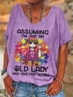 Women'S Casual Loose Fit V-Neck Short Sleeve T-Shirt - Vibrant Green Print With "Assuming I'M Just An Old Lady" Slogan & Floral Fashion Glasses Design, Medium Stretch Machine Washable Top For Spring Summer Fall, Ladies T Shirts, Relaxed Weekend Outfit, Playful Statement Shirt, Comfortable Stretch Fabric, Fun Statement Wear - Image 6