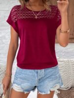 Women'S Batwing Short Sleeve T-Shirt - Lace Contrast Raglan Sleeves, Round Neck Longline Top, Burgundy & White Elegant Design, Machine Washable All-Season Casual Wear, Vacation Clothing, Nontransparent Fabric - Image 4