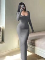 Form-Fitting, Ultra-Long Women'S Autumn Dress With Long Sleeves, Square Neckline, A-Line Silhouette, And A Sexy, Tailored Fit. - Image 3