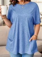 Plus Size Women'S Elegant Round Neck Short Sleeve T-Shirt - Solid Color With Chest Pocket, Machine Washable, Spring Summer Fall Casual Top, Ladies T Shirts, Seasonal Versatility, Sophisticated Casual, Comfortable Texture - Image 3