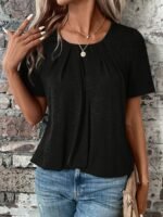 Women'S Elegant Summer Casual Short Sleeve T-Shirt - Solid Color Round Neck Blouse With Ruching Detail, Machine Washable Regular Fit Top For Casual Attire, Short Sleeve Blouse, Soft Fabric Tee - Image 9