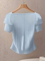 Women'S Summer Short Sleeve Top - Elegant Middle Eastern-Inspired Button-Front Design, Lightweight Breathable Fabric, Machine Washable Solid Color Blouse For Casual & Formal Wear, Versatile Clothing, Sophisticated Style, Ribbed Texture, Stylish Women - Image 7
