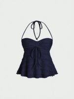 Nianian Select Y2K Off-Shoulder Halter Neck Tank Top - Solid Color Ruffled Bow Detail, Machine Washable Lightweight All-Season Women'S Sexy Backless Top - Image 4