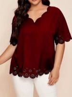 Plus Size Elegant V-Neck Blouse With Short Puff Sleeves - Navy Blue, Lace Embroidery Detail, Non-Stretch Fabric, All-Season Shirt For Women, Casual Attire|Vneck Blouse|Lace Embroidery - Image 2