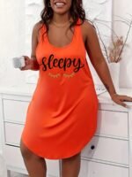 Plus Size Women'S Casual Sleep Dress - "Sleepy" Letter Print With Playful Leaf Accents, Vibrant Orange Round Neck Tank Nightgown, Front Short Back Long Hem, Machine Washable All-Season Lounge Wear, Sleep Shirt, Comfortable Sleepwear, Cozy Fit Design, Relaxed Fit Nightgown