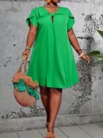 Women'S Elegant Bow Tie Neckline Dress - Vibrant Green Fitted Solid Color, Short Sleeve Lightweight For Spring Summer Fall, Casual To Semi-Formal Occasions, Seasonal Fashion, Smooth Glossy Texture, Spring Fashion, Quality Stitching, Stylish Ladies - Image 4