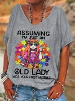 Women'S Casual Loose Fit V-Neck Short Sleeve T-Shirt - Vibrant Green Print With "Assuming I'M Just An Old Lady" Slogan & Floral Fashion Glasses Design, Medium Stretch Machine Washable Top For Spring Summer Fall, Ladies T Shirts, Relaxed Weekend Outfit, Playful Statement Shirt, Comfortable Stretch Fabric, Fun Statement Wear - Image 7