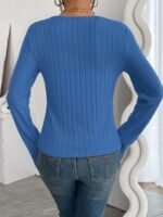 Women'S Chic Ribbed V-Neck Slim Fit Top - Elegant Long Sleeve, Solid Black, Perfect For Fall/Winter Fashion, Stylish Layering Piece - Image 8