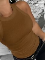 Chicme Women'S Sleeveless Ribbed Tank Top - Plus Size Fitted Stretchy Casual Shirt, Solid White Round Neck All-Season Machine Washable Elegant Top, Ladies Tank Tops, Everyday Outfit, Classic Style, Comfortable Fit, Casual Attire - Image 6