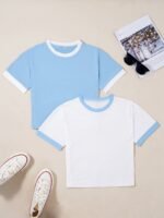2Pcs Summer Short Sleeved Women Splicing Simple Short Top Slimming Elastic T -Shirt Women - Image 3