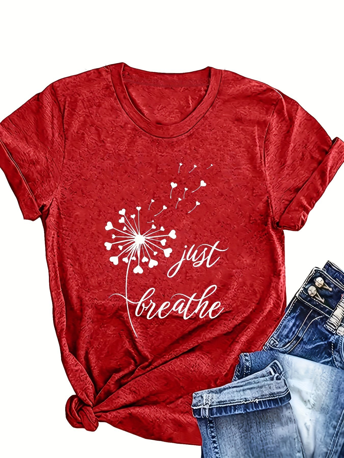 product-fancy-0e97cdd8-e538-4b00-b067-a29cb087d79a.jpg 1Pc Women'S Summer Casual Crew Neck T-Shirt, Polyester Knit Fabric, Geometric Dandelion Pattern, "Just Breathe" Slogan, Regular Length Short Sleeve Top - Image 1