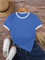 Contrast Trim Short Sleeve T-Shirt, Casual Crew Neck Top For Spring & Summer, Women'S Clothing