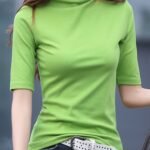 8077 Casual High Neck Solid Color T-Shirt For Women - Polyester Knit Fabric, Regular Fit, Spring/Fall Season