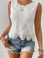 Women'S Sexy Sleeveless Lace Trim Tank Top - Solid Color White Guipure Lace Detailing, Round Neck Casual Chic Versatile Top For Spring/Autumn, Machine Washable, Lace Tank Top, Spring Autumn Apparel, Elegant Lingerie, Elegant Fabric - Image 3
