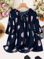 Elegant Notched Collar Polyester Non-Stretch Shirting Blouse With Print For Plus Size - Image 5