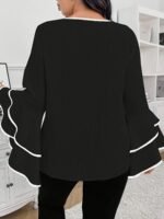 Plus Size Contrast Trim Crew Neck Blouse, Elegant Layered Ruffle Sleeve Top For Spring & Fall, Women'S Plus Size Clothing - Image 3