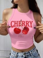 Women'S Elegant Cropped Graphic Tank Top - Cherry Print Semi-Sheer Stretchy, Round Neck Sleeveless Shirt, Machine Washable All-Season Casual Top, Ladies Tank Tops, Playful Summer Wear