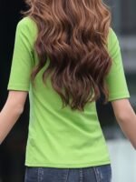 8077 Casual High Neck Solid Color T-Shirt For Women - Polyester Knit Fabric, Regular Fit, Spring/Fall Season - Image 6